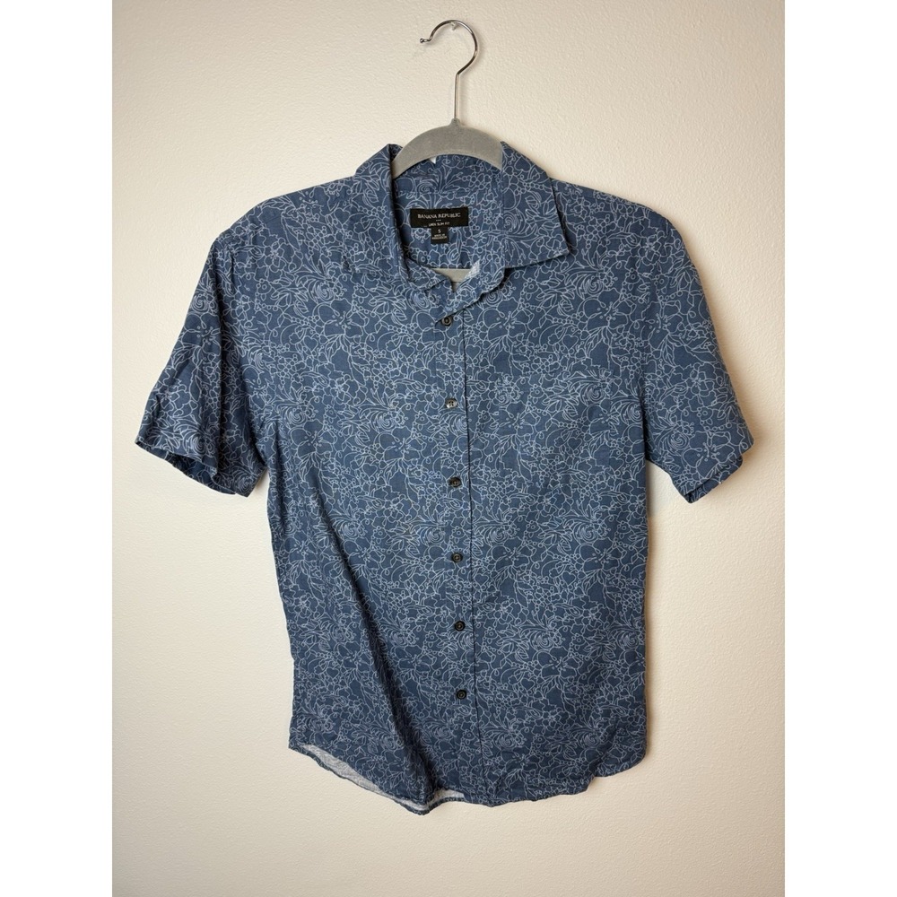 Banana Republic Linen Shirt Men's Small Blue Floral Slim Fit Short Sleeve Casual